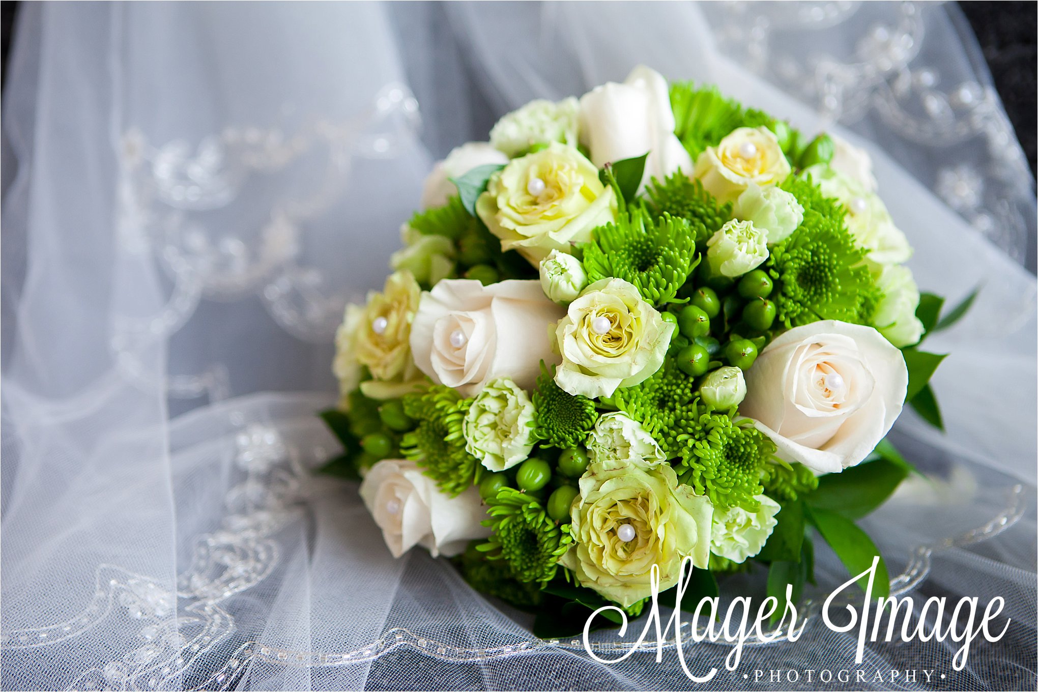 bridal bouquet for lime green and grey wedding with veil