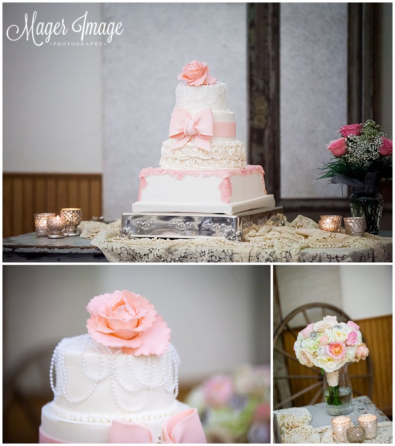 cake with bow blush and white four tier
