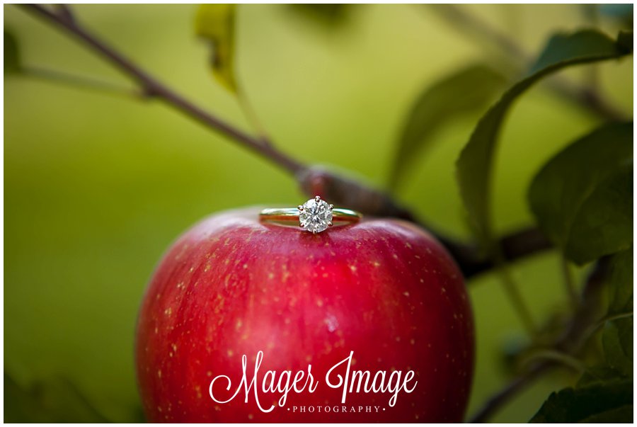engagement session ring shot solitaire diamond on an apple in an apple orchard