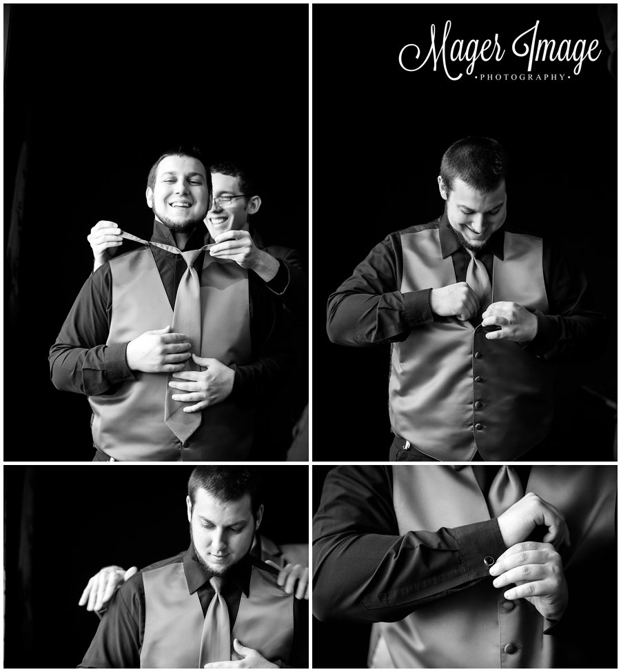 black and white dramatic groom prep