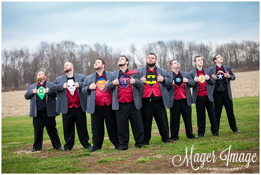 super hero groom group shot