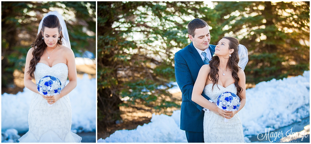 bride and groom pine trees snow