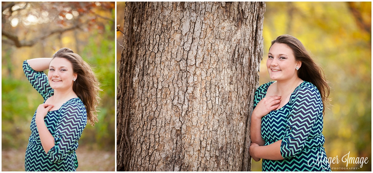 girl against tree in chevron and green dress