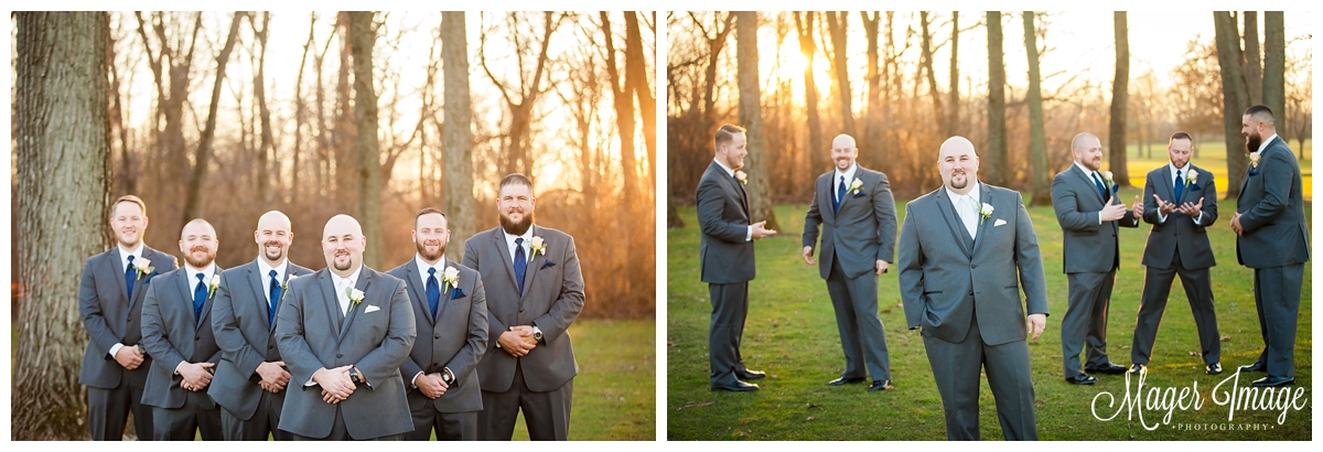 groomsmen in grey tuxes sunset