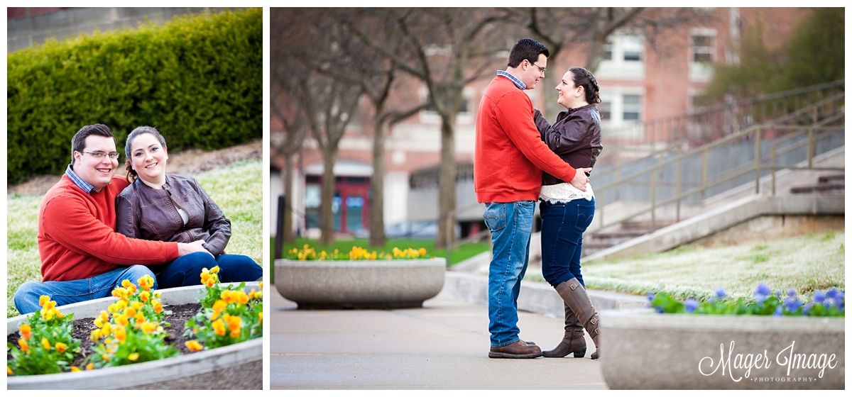 engagement photos on campus with flowers