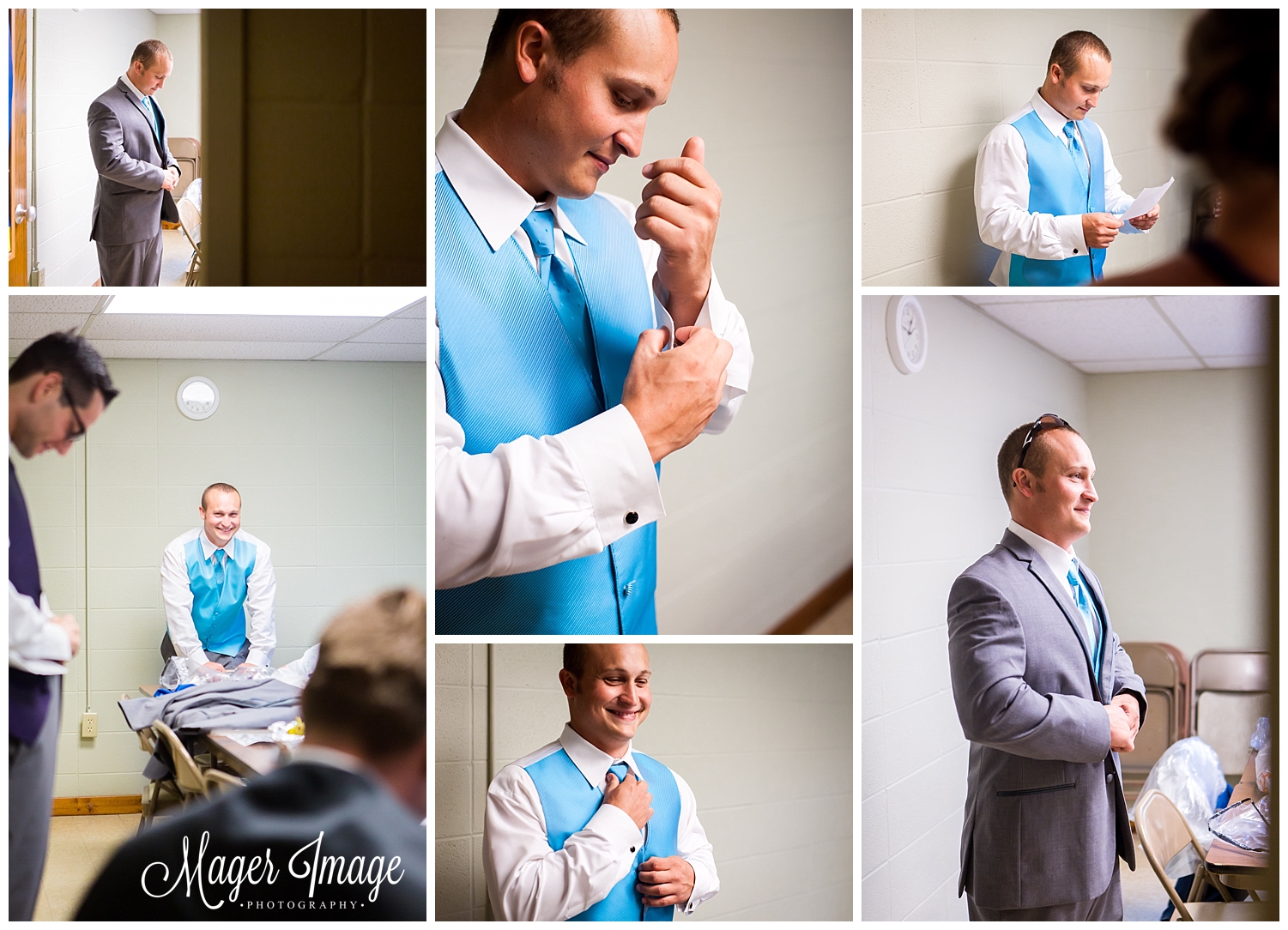 groom getting ready blue vest grey suit