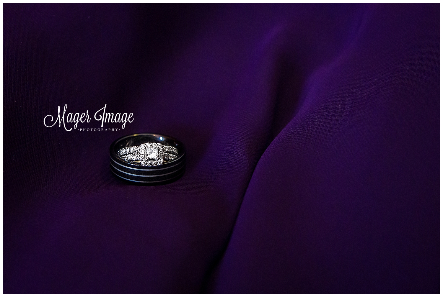 ring shot on purple bridesmaid dress