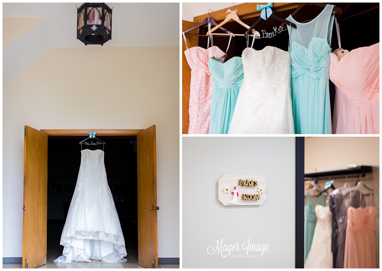 bridal gown hanging with bridesmaids dresses teal mint and coral pink