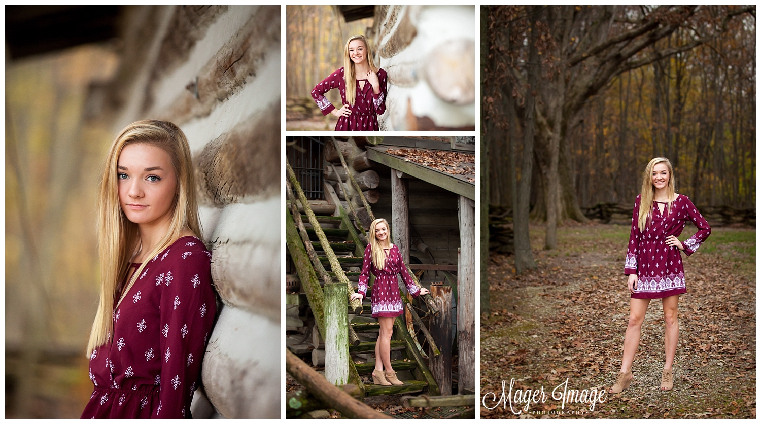senior girl in maroon dress in woods