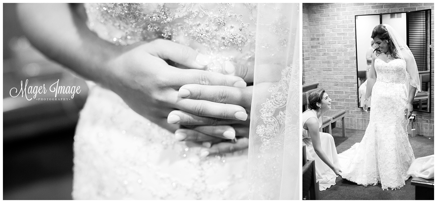 bride getting dressed details black and white