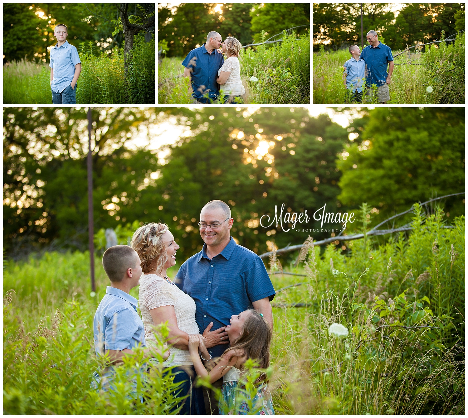 family photos in tall grass during golden hour