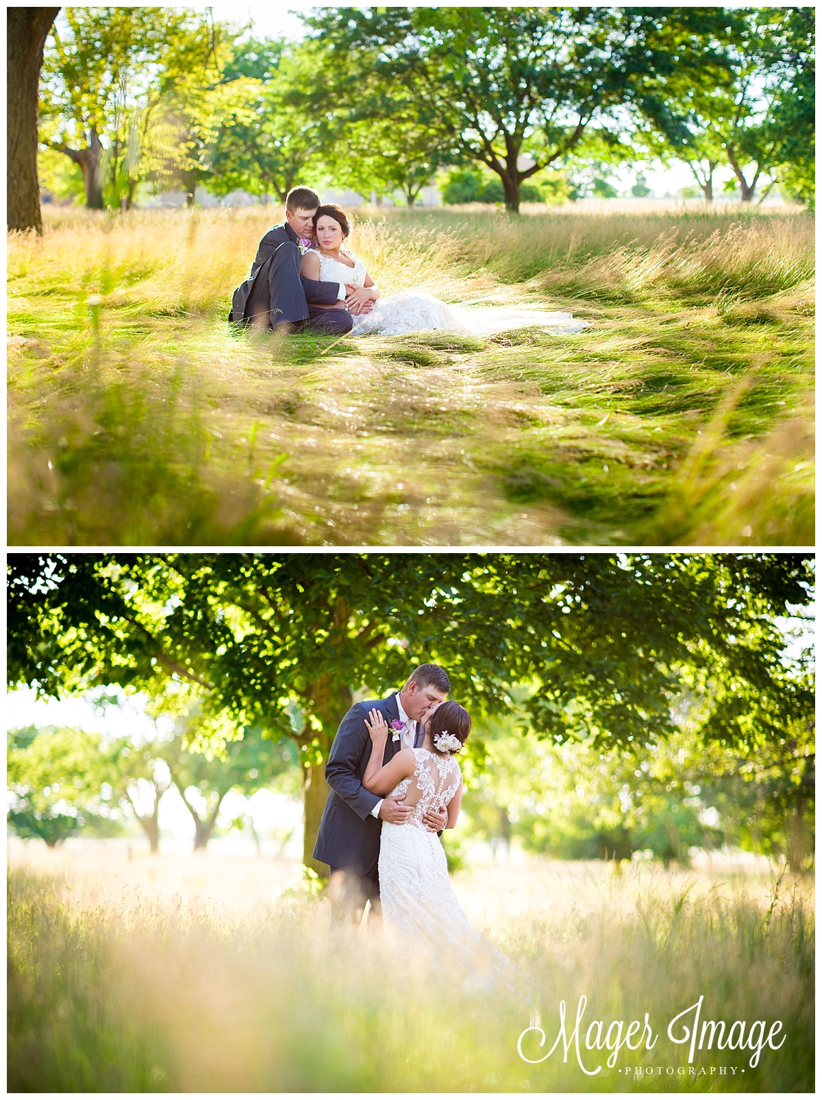 bride and groom in the grass kissing