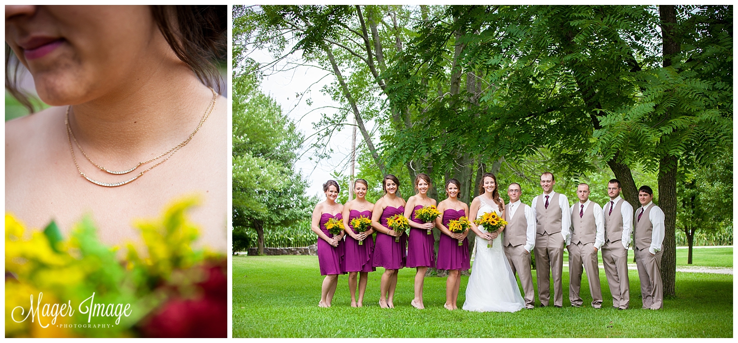 purple yellow bridesmaids tan groomsmen
