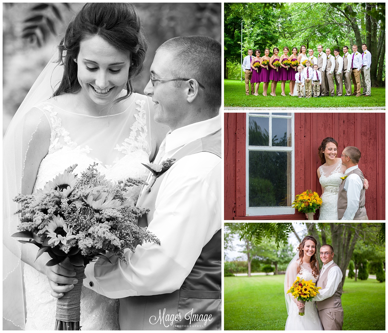 ten mile grove red barn bridal party posing