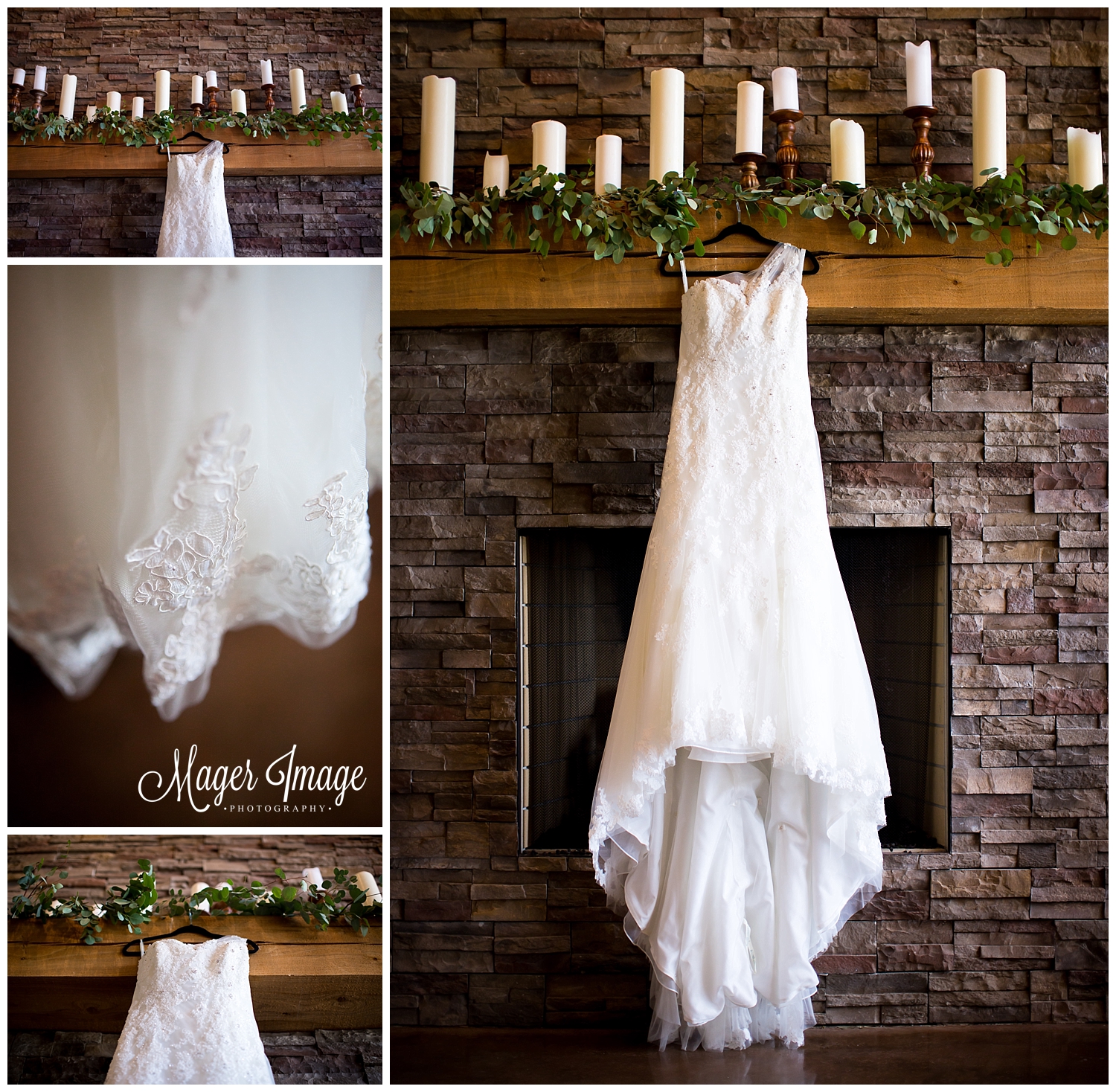 pear tree estate dress hanging over fireplace elite bridal