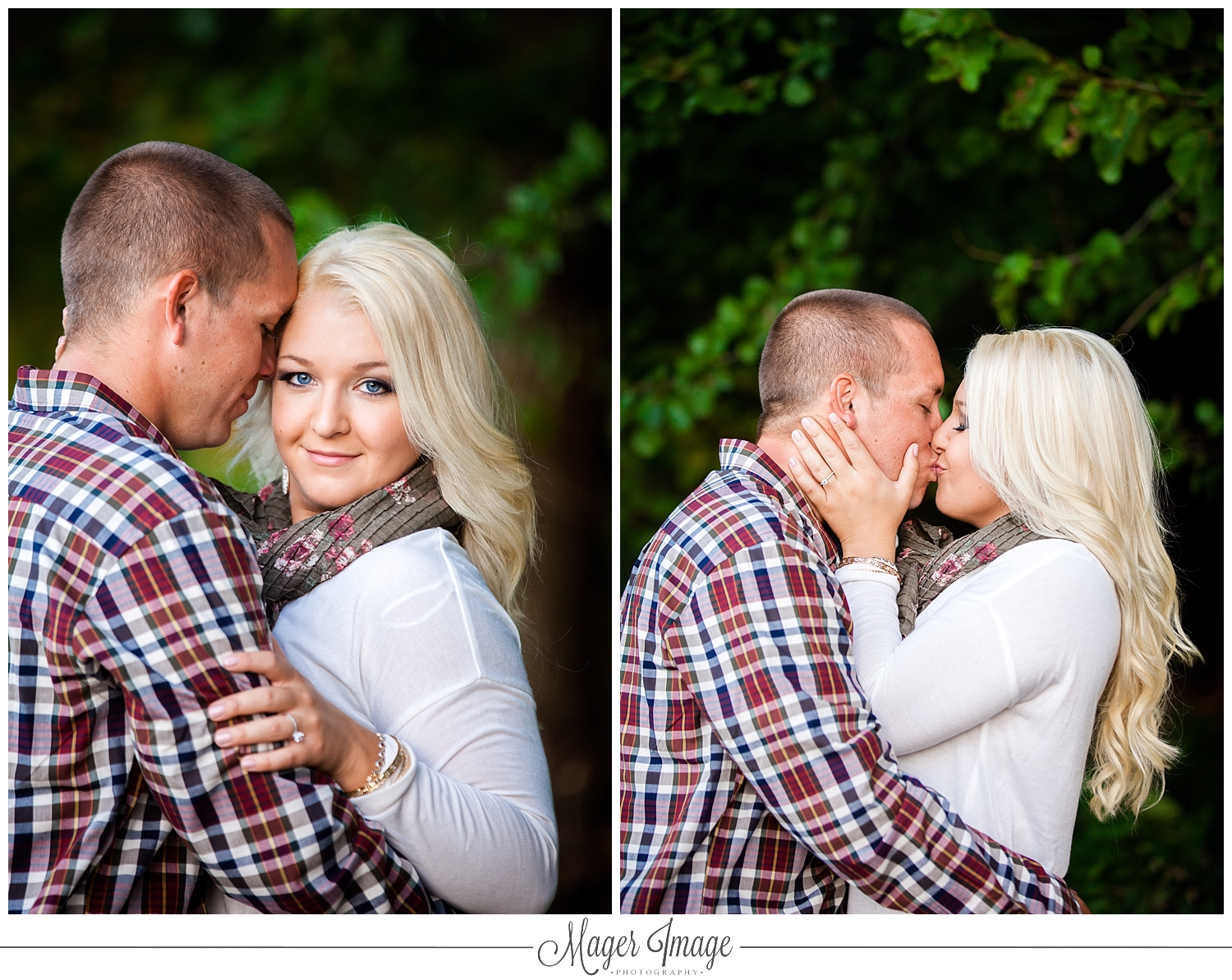 kissing couple plaid white shirt blonde