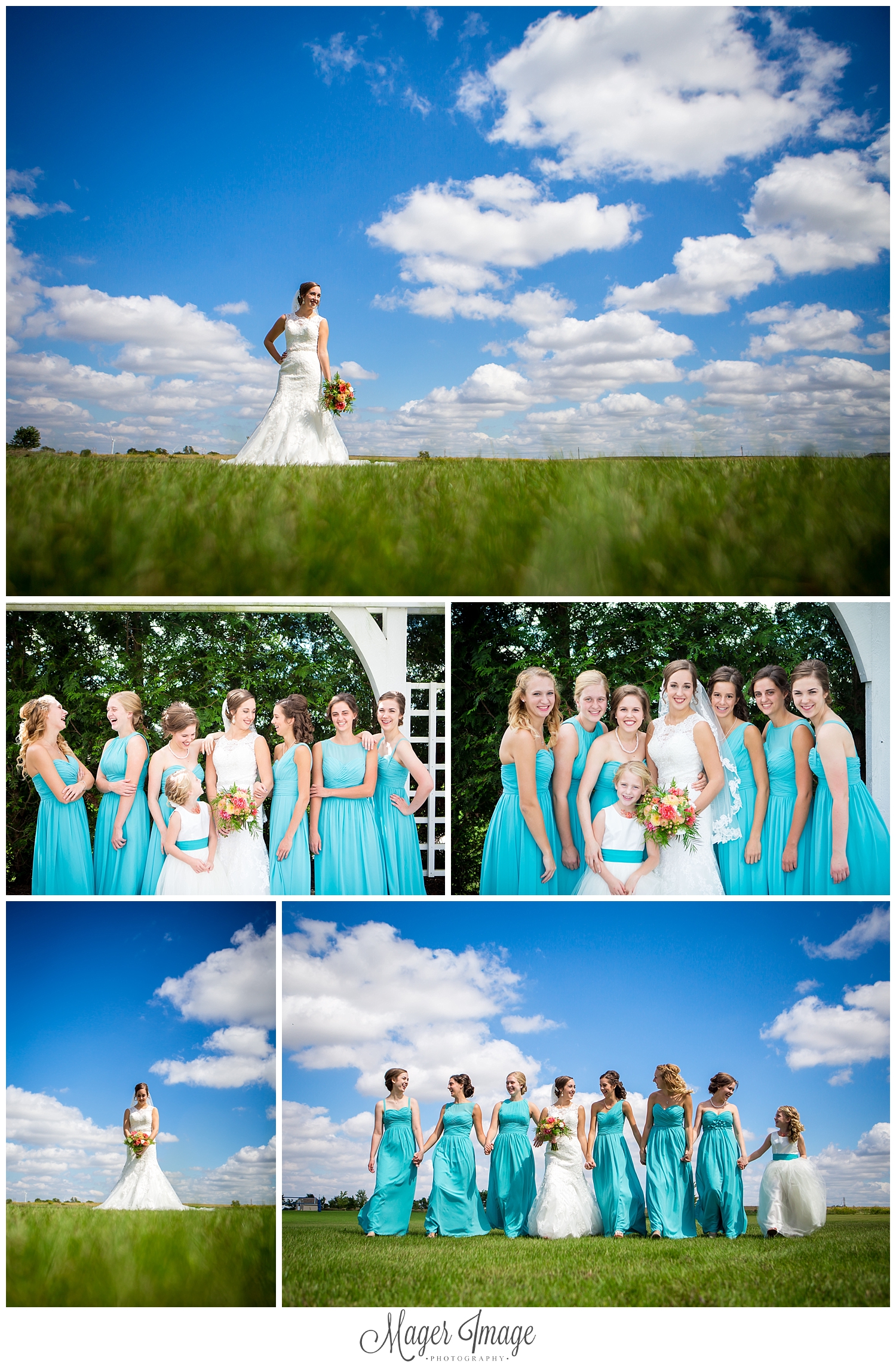 bride blue sky teal bridesmaids dresses wedding