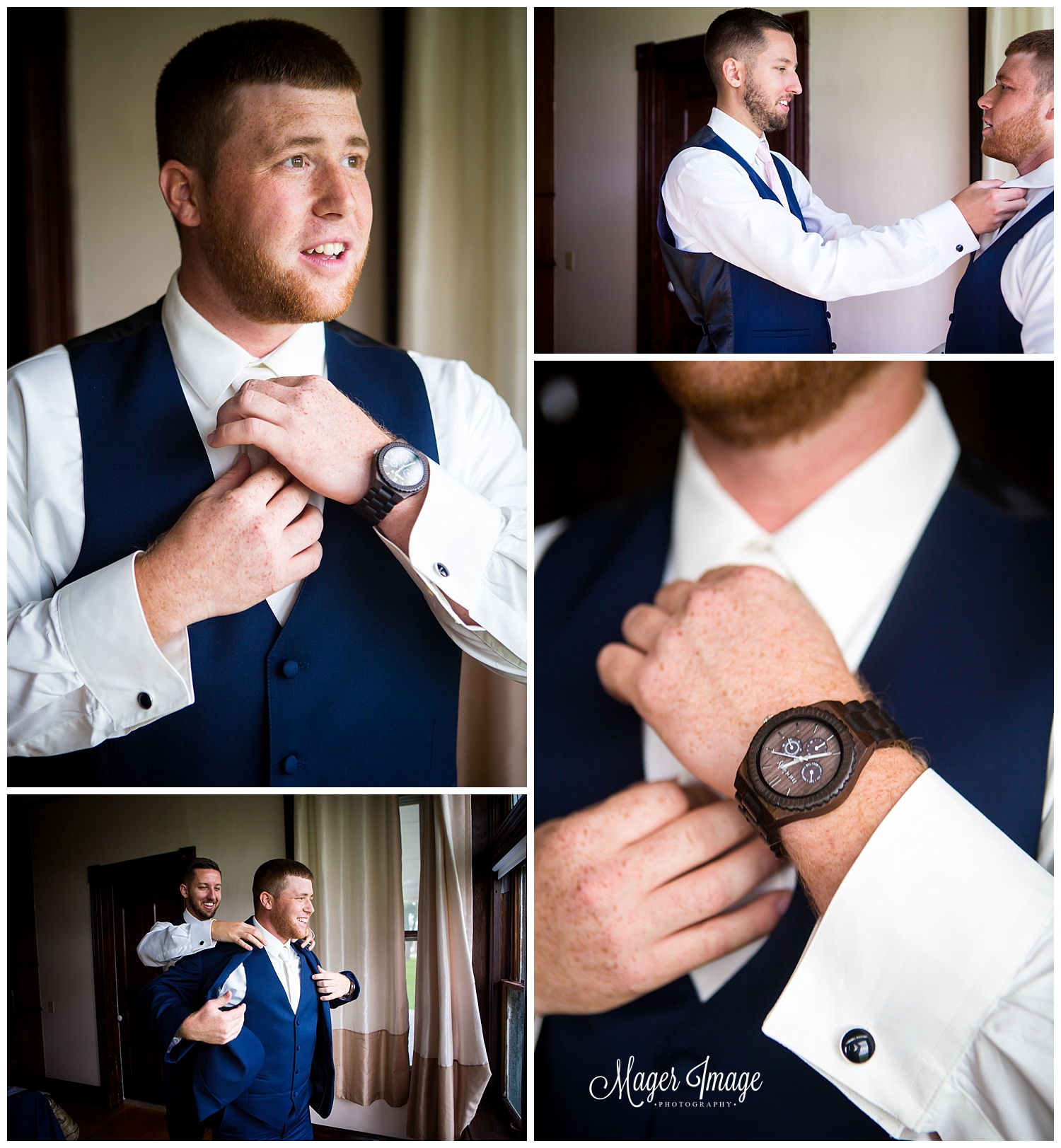 guys getting dressed groom details navy