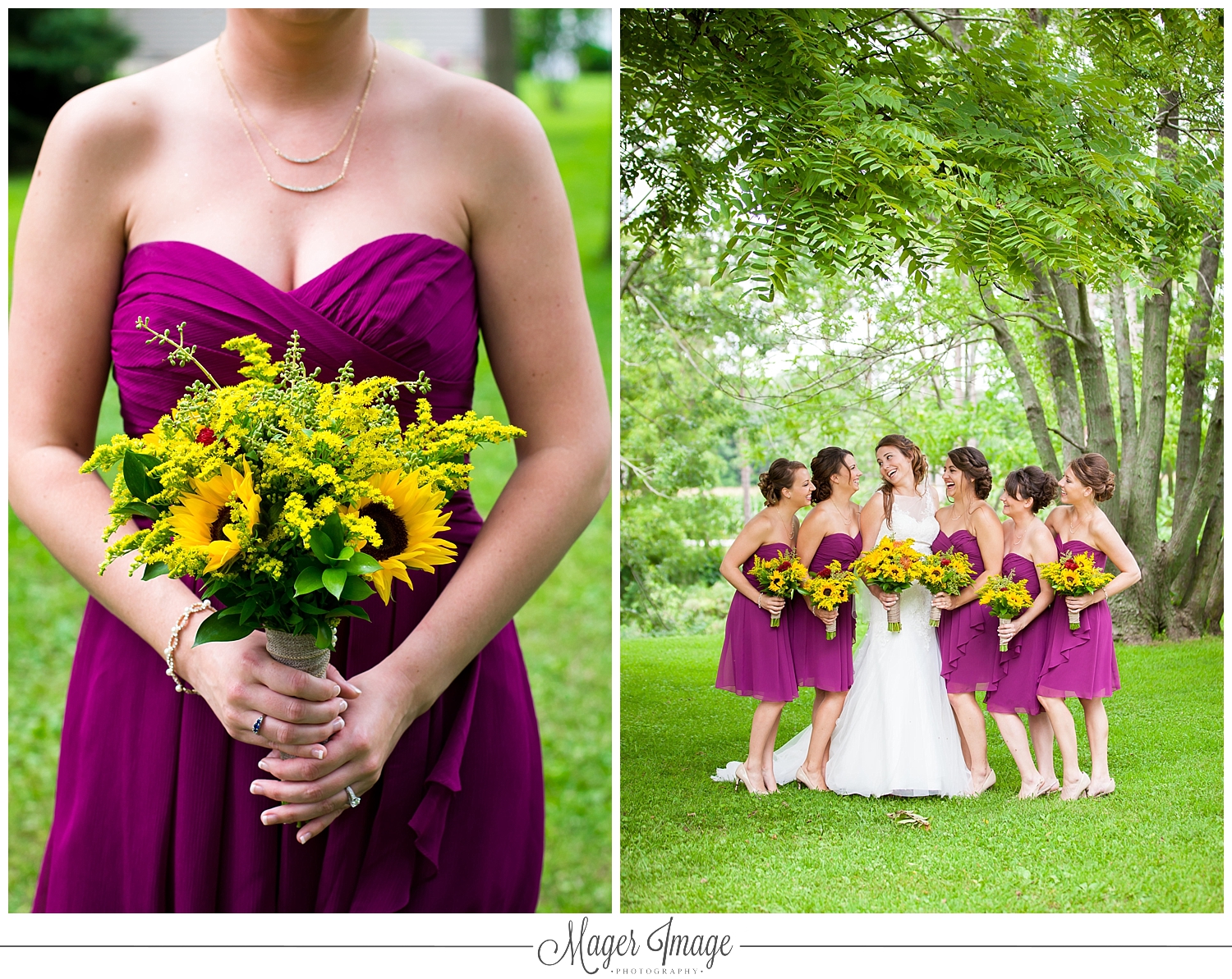 short bridesmaid dresses purple magenta yellow flowers