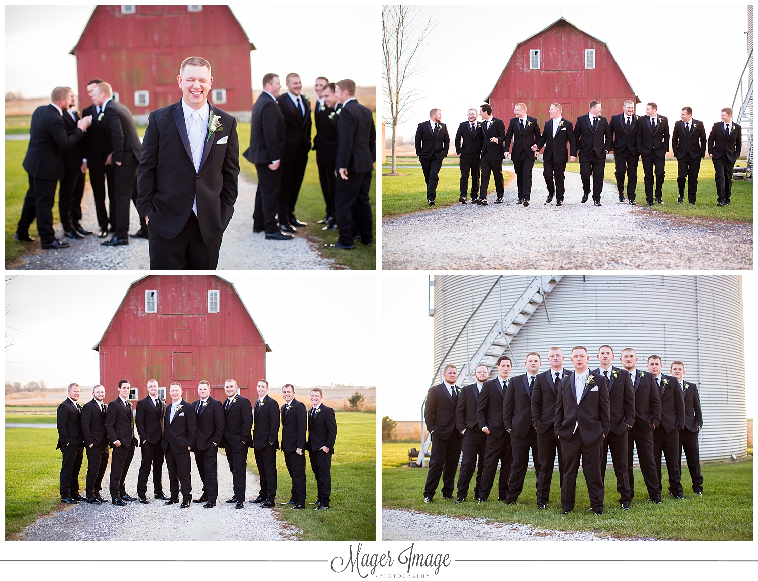 groomsmen posing barn farm red black