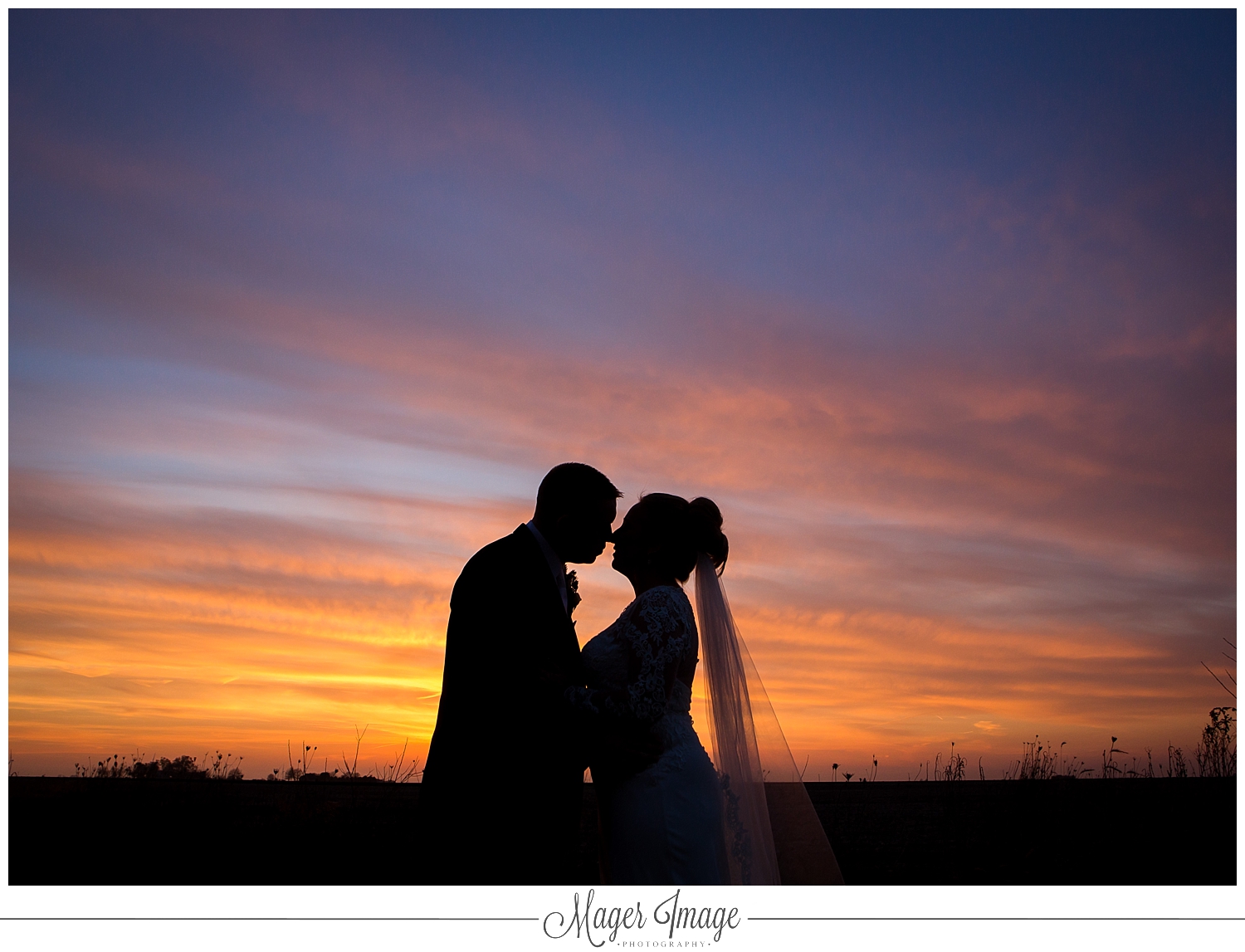 sunset bride groom silhouette shot