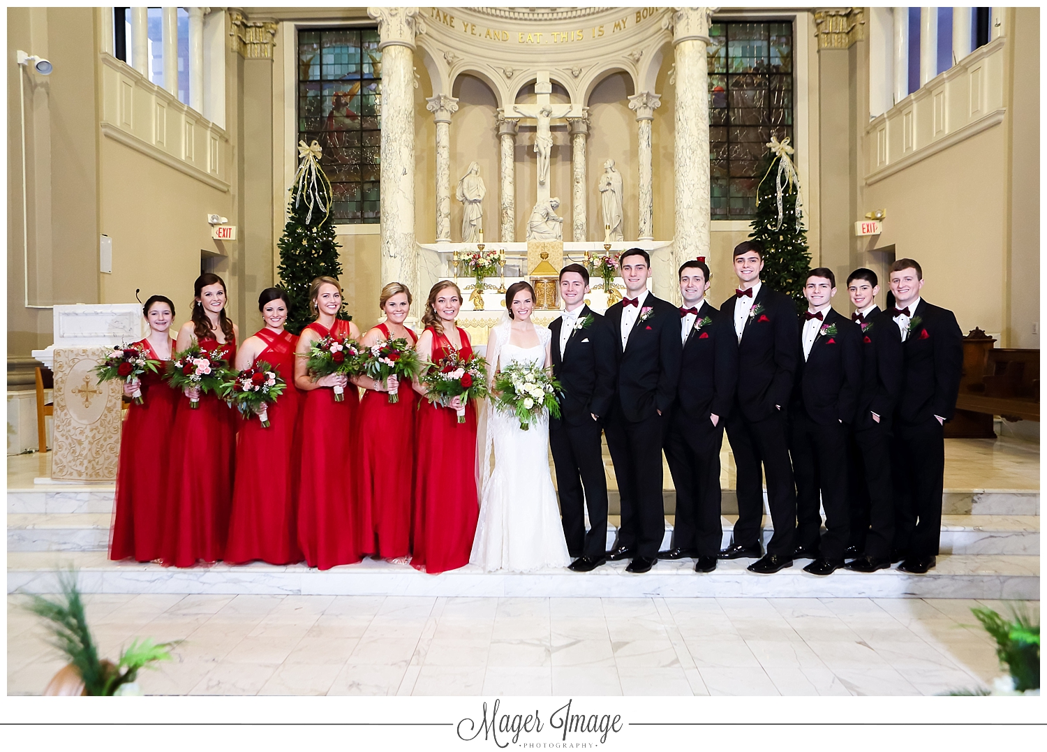bridal party red black christmas gold winter wedding