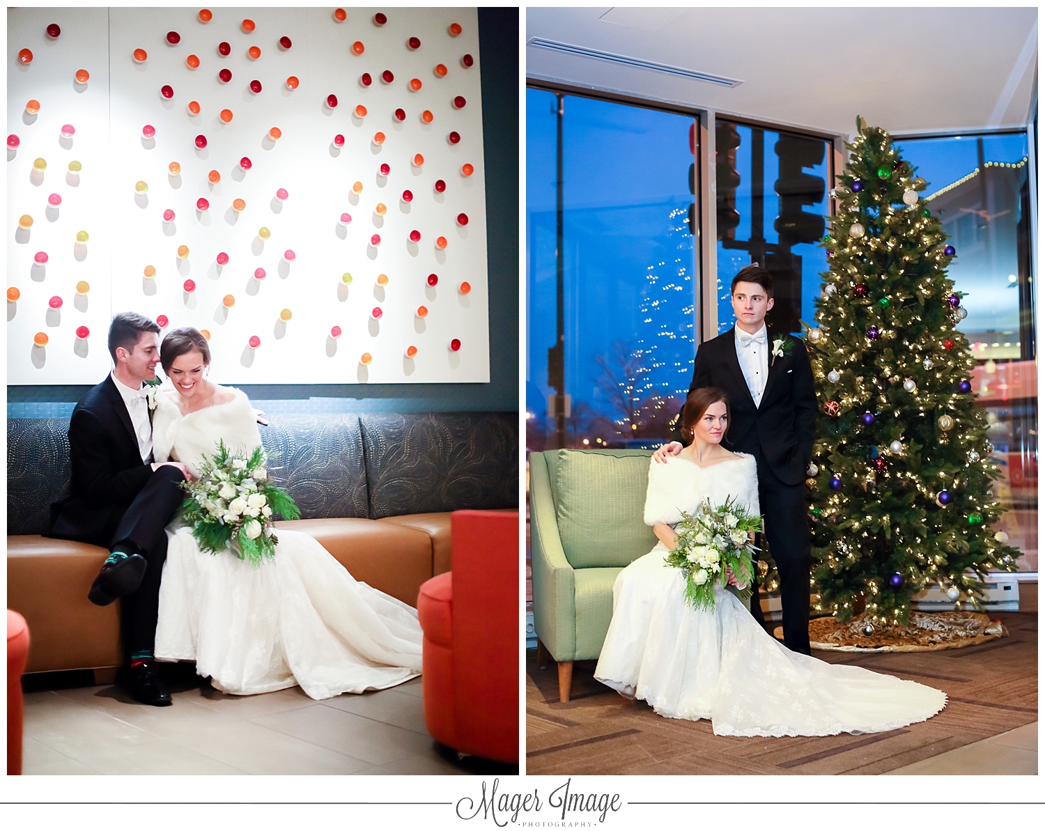 christmas tree holiday lights inside bridal portrait time