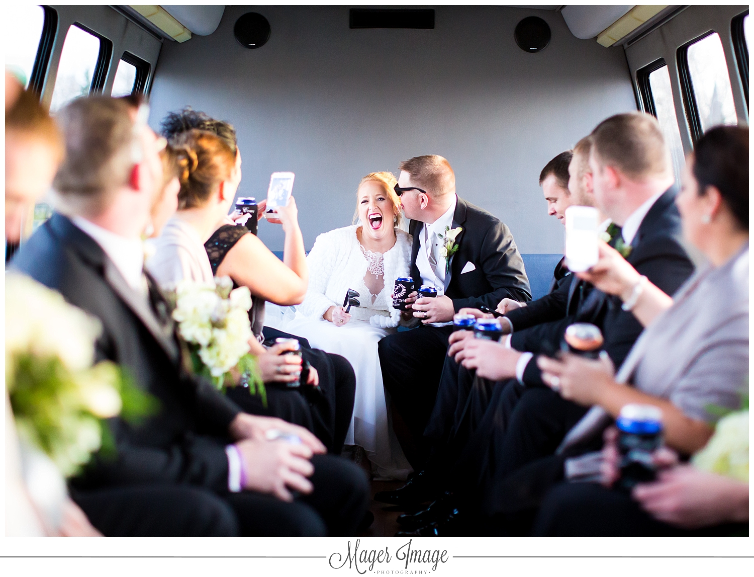 limo ride black white winter wedding