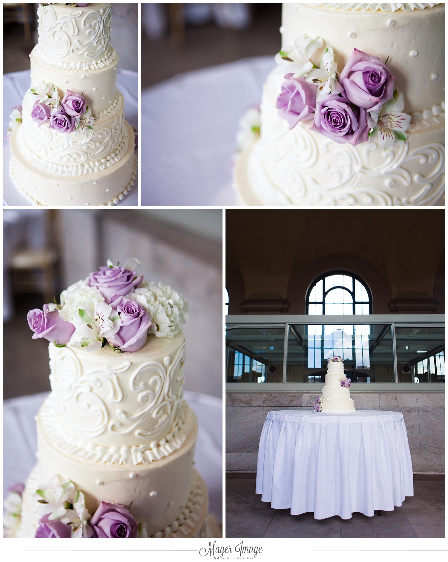 white purple wedding cake florals