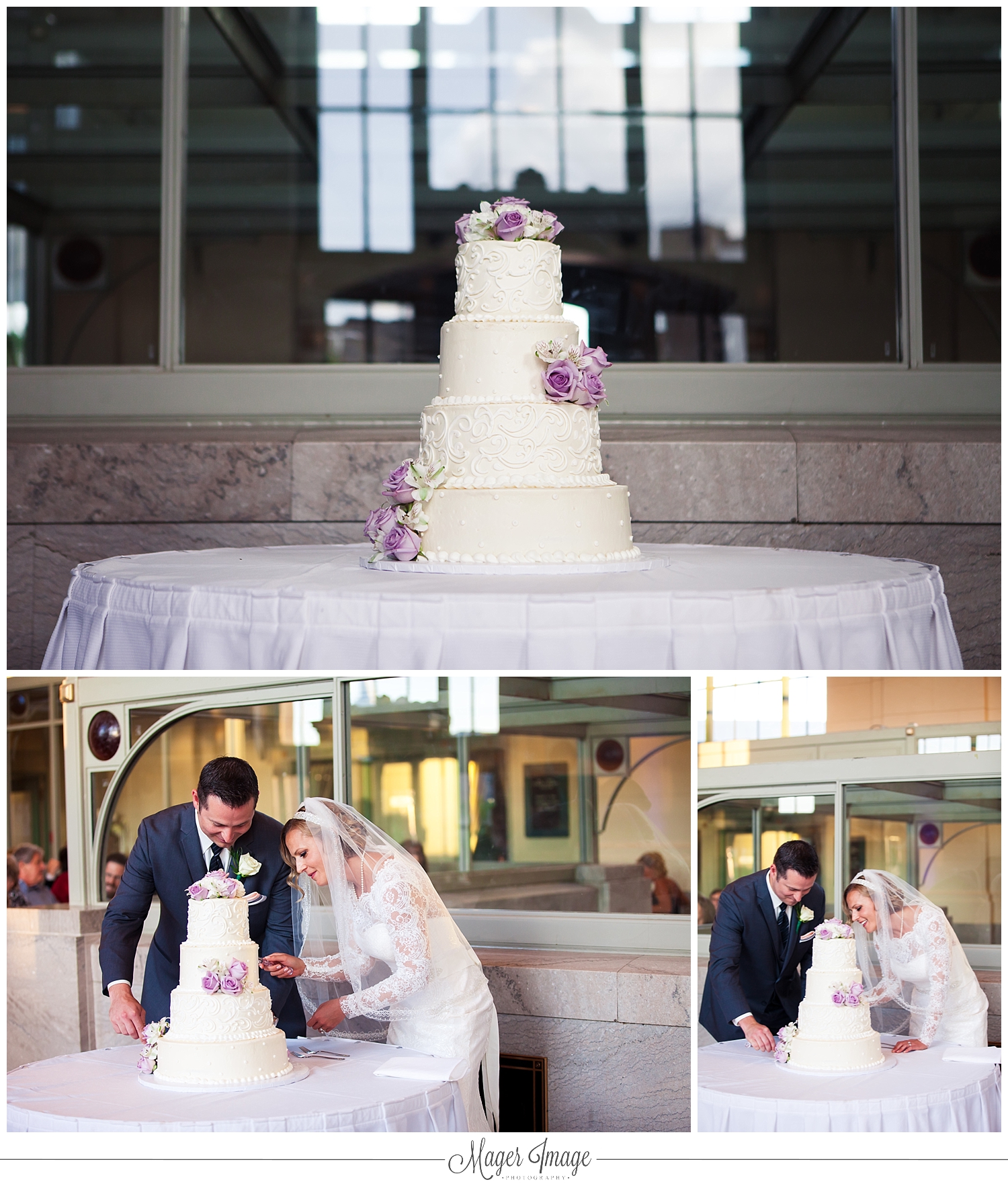 cake cutting purple white simple wedding