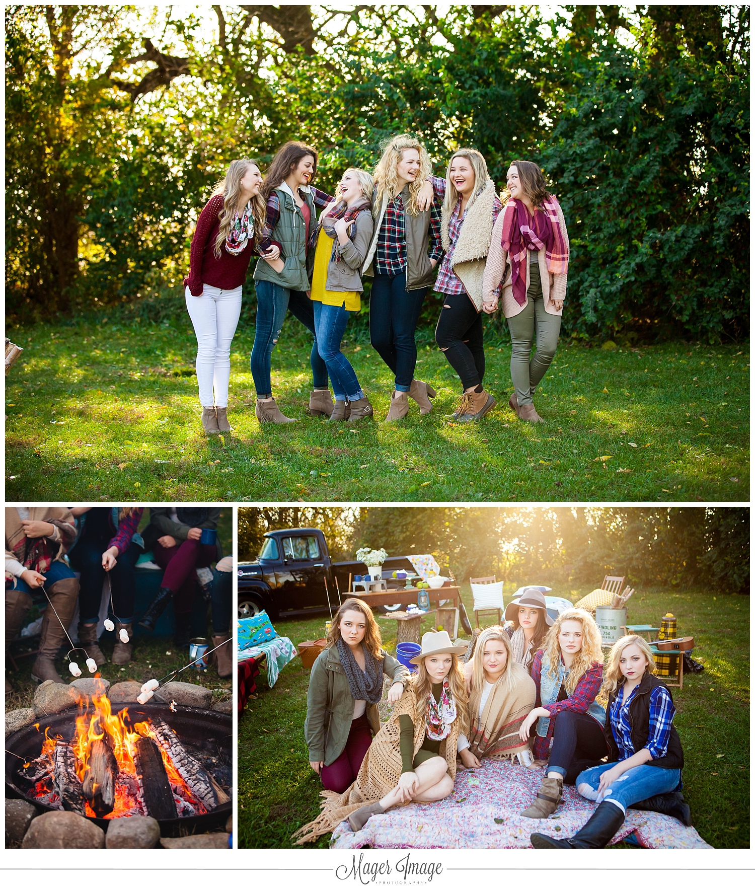 girls fire posing outdoors camping laughing