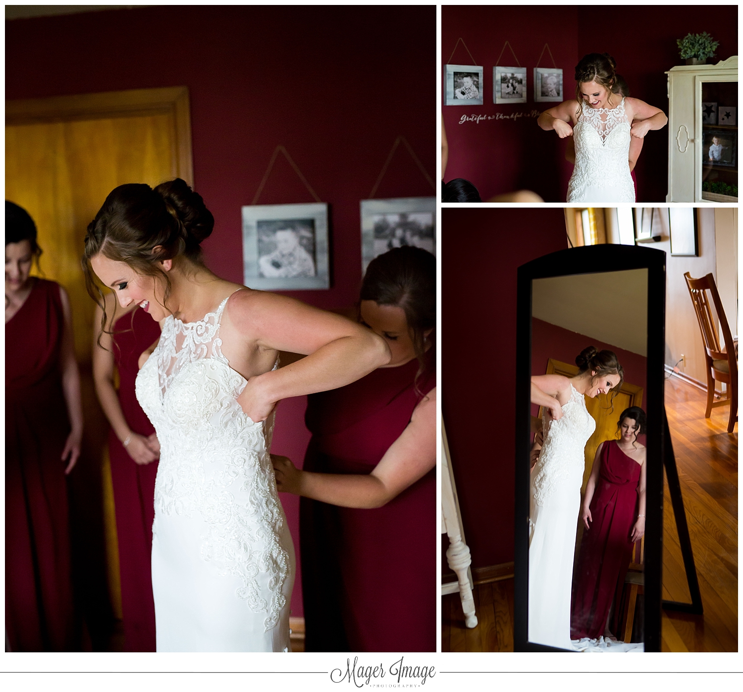happy bride dress mirror putting on 