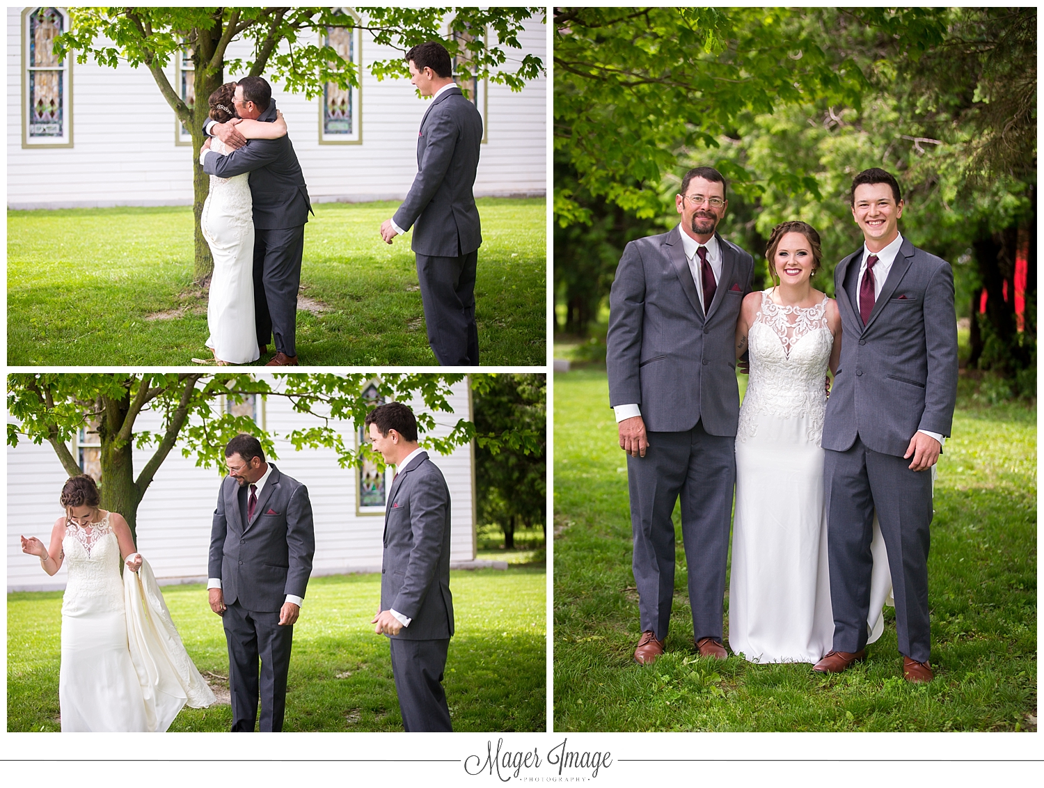 white dress bride brother father dad reveal grey gray tuxes