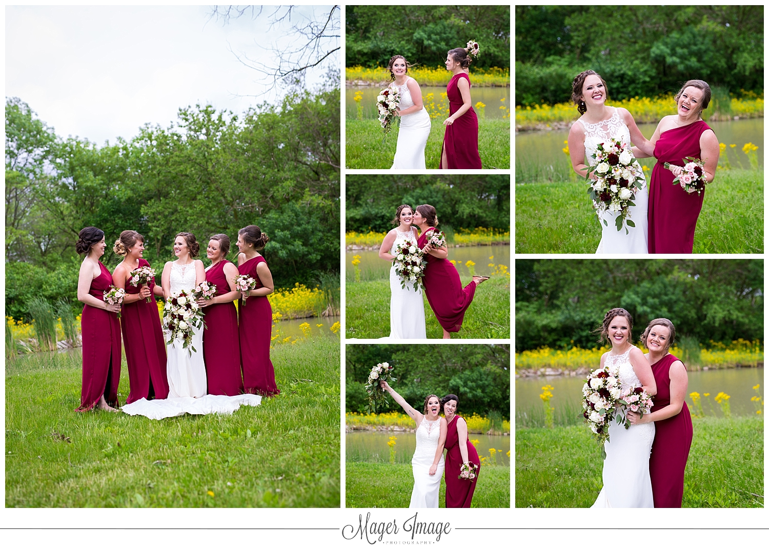 bridal party bridesmaids white dresses burgundy red outside