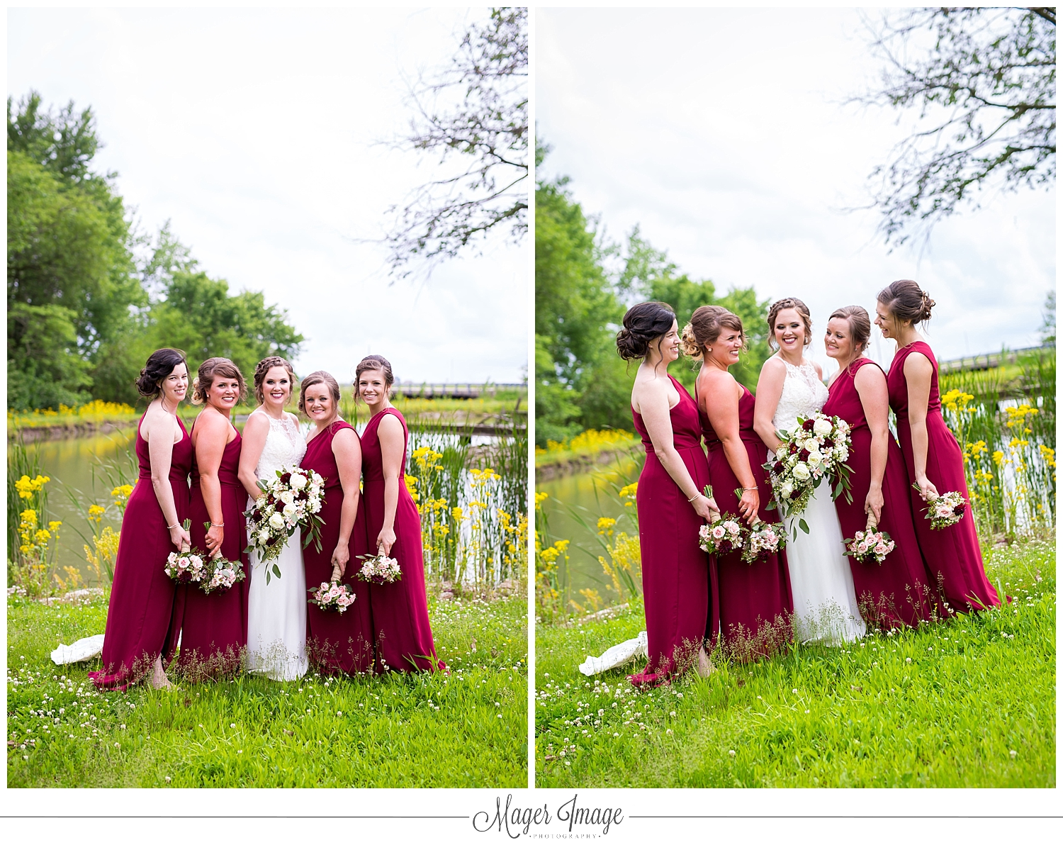 bridal party bridesmaids dresses bouquet flowers outside country group