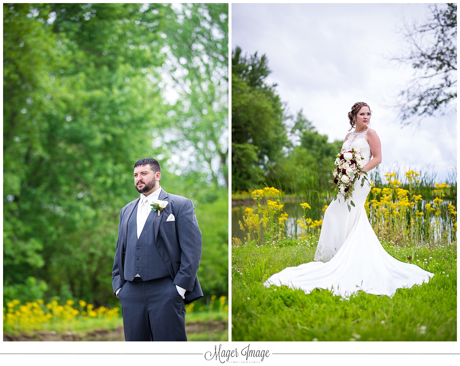 bride groom portraits single solo outside stock photography yellow flowers blue sky clouds bouquet boutonniere serious posing sideways looking away