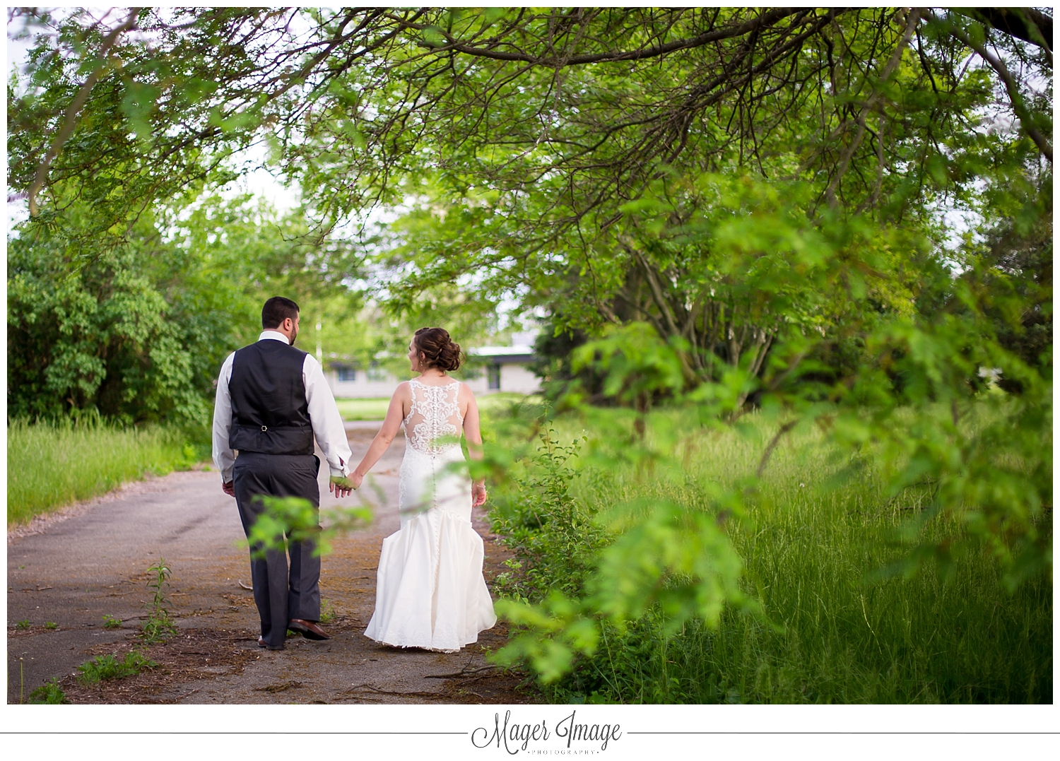 bride groom road walking green outdoors