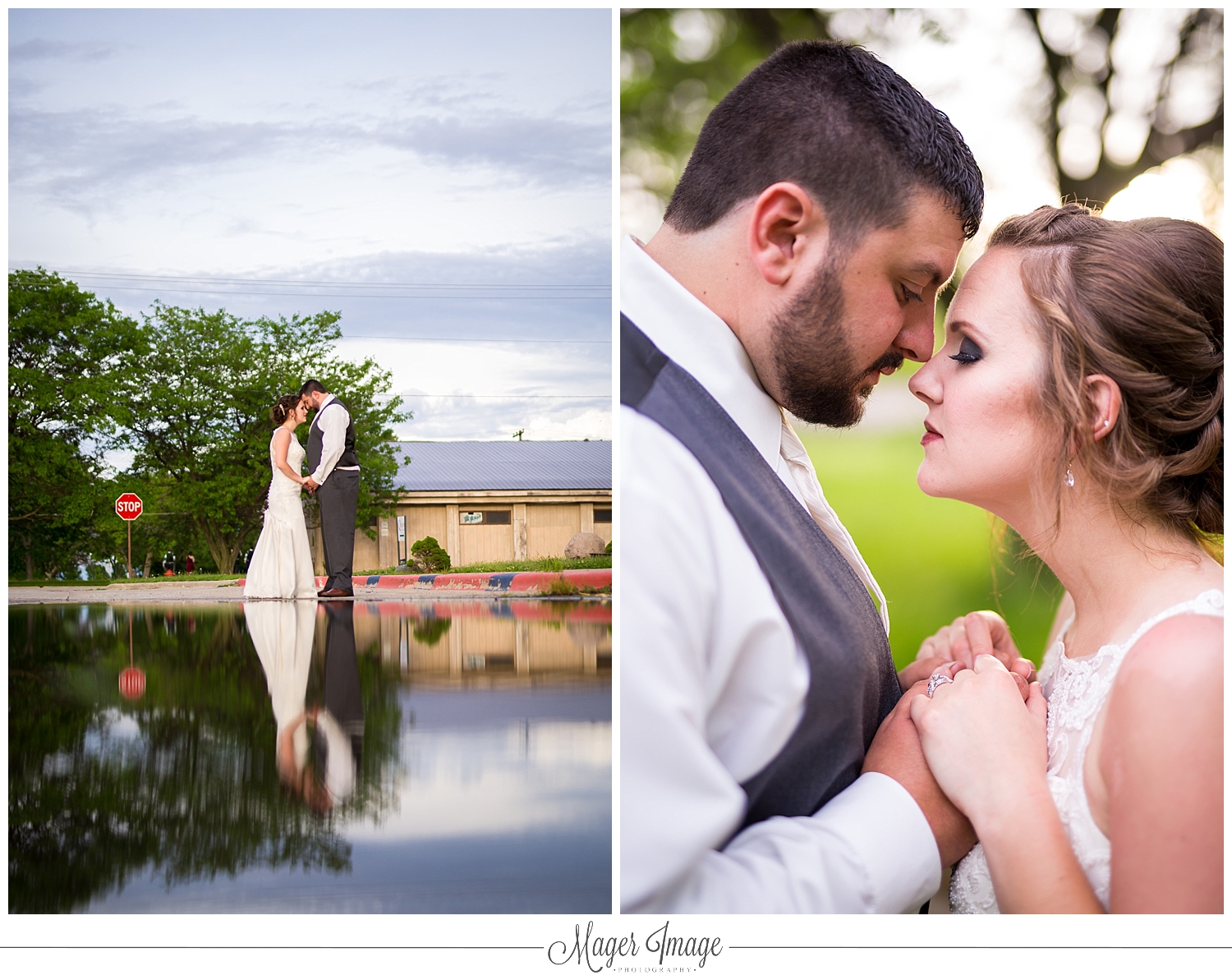 couple puddle face love outdoors bride groom