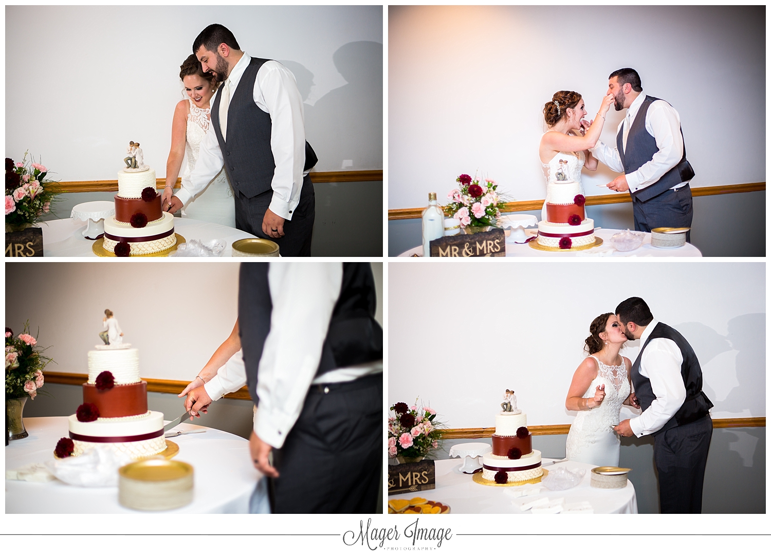 burgundy white cake bride groom wedding slicing cutting kiss