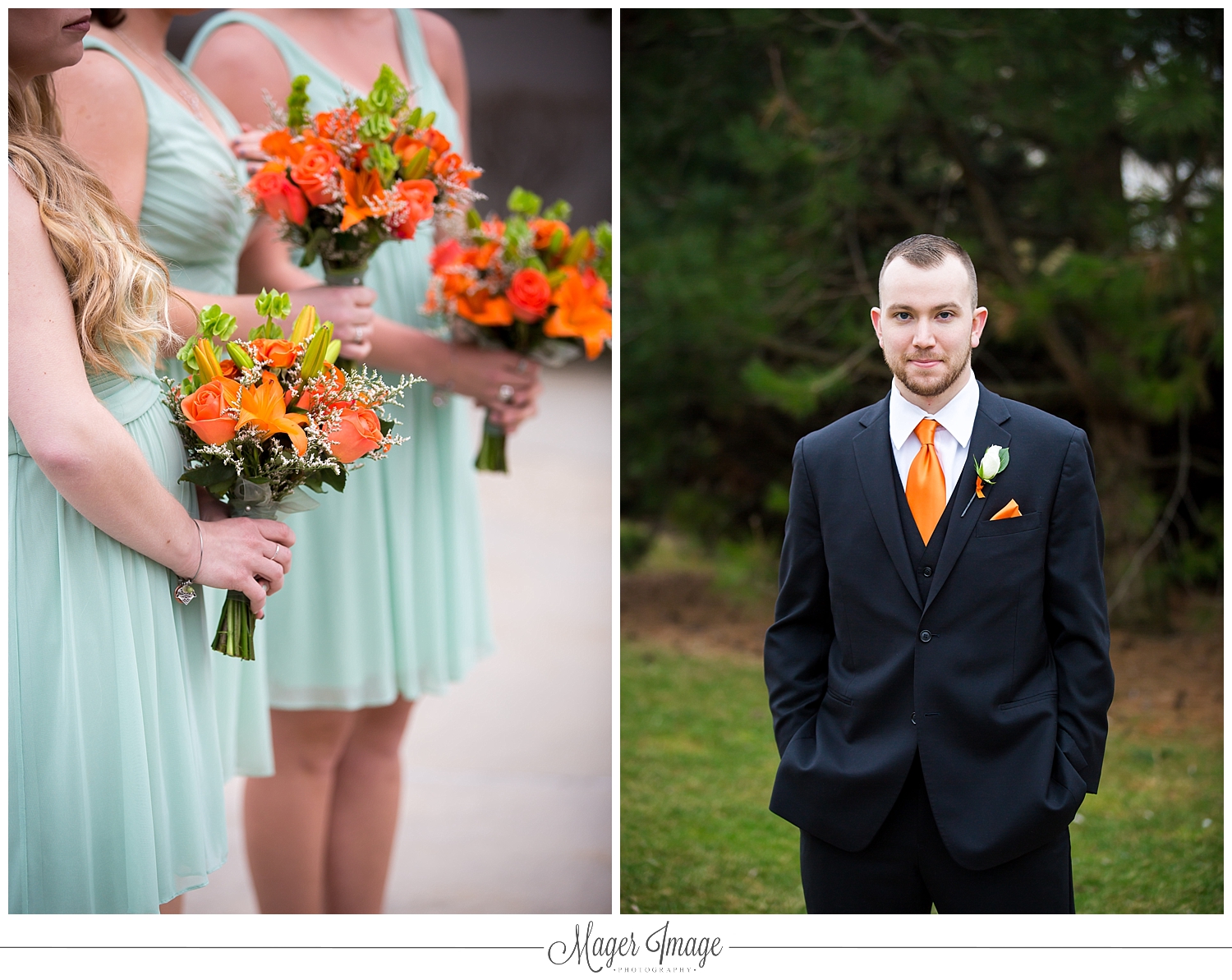groom bridesmaids flowers line orange green
