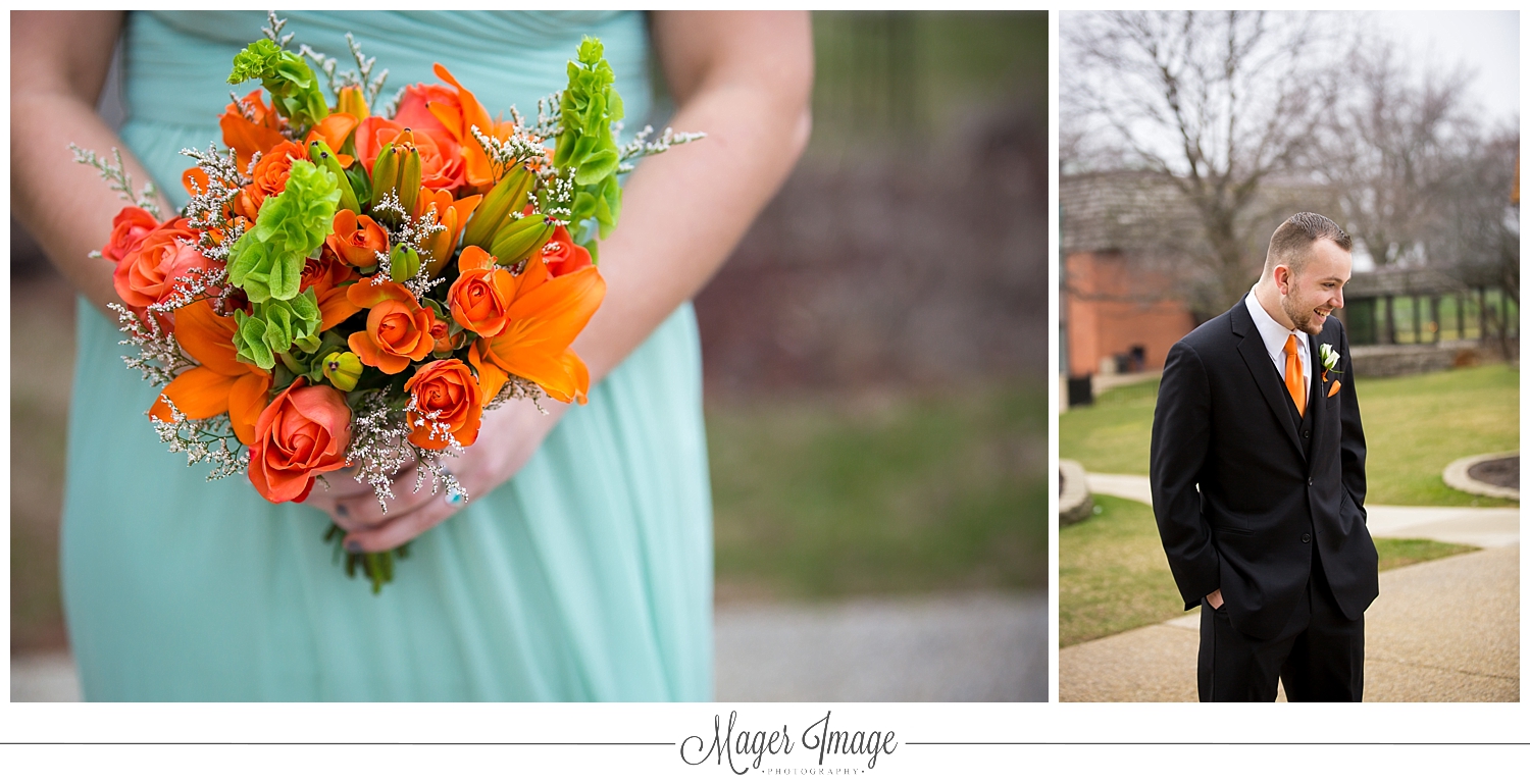 groom bridesmaid flowers orange green outdoors