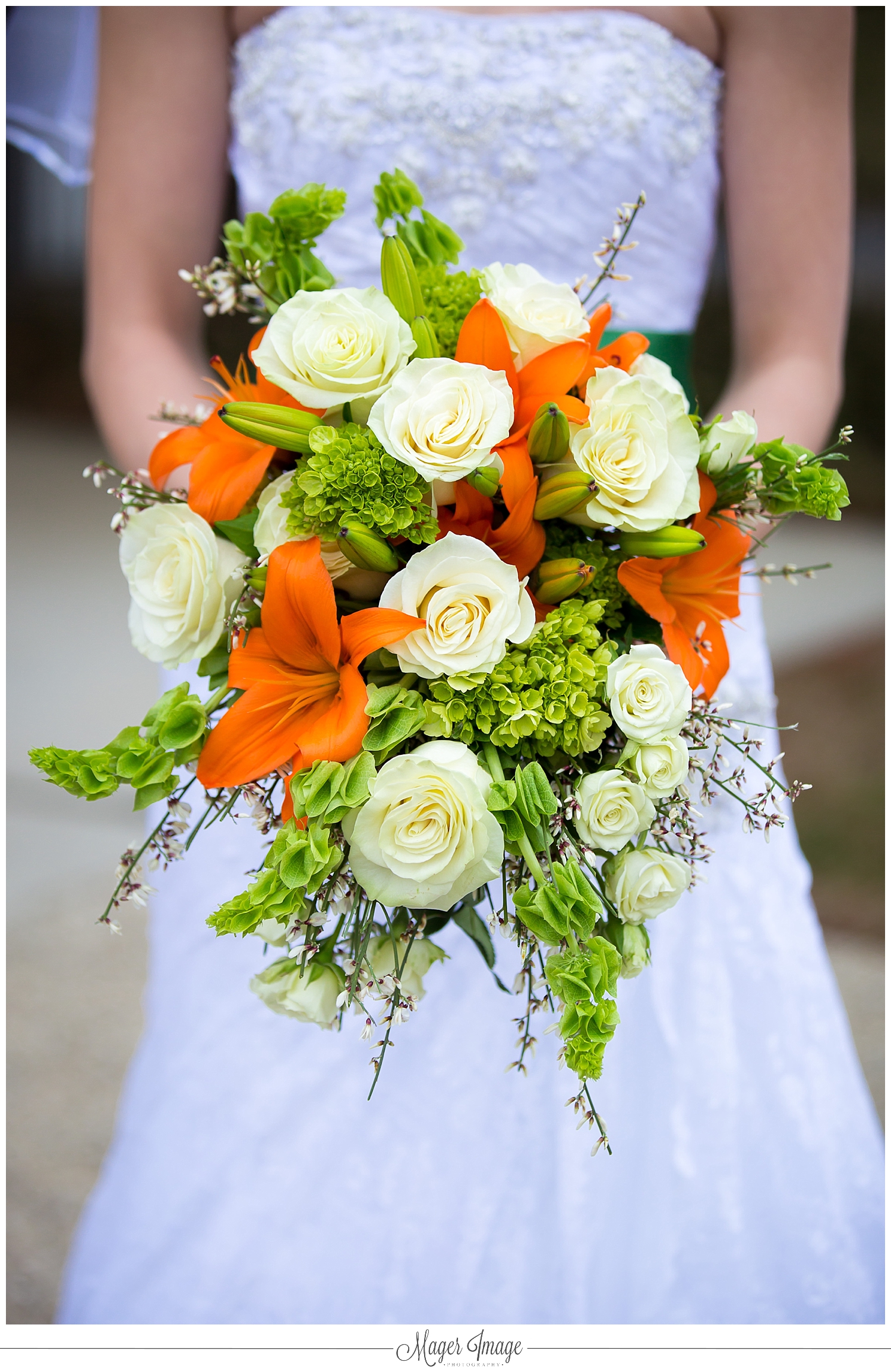 green orange white wedding florals bouquet lillies