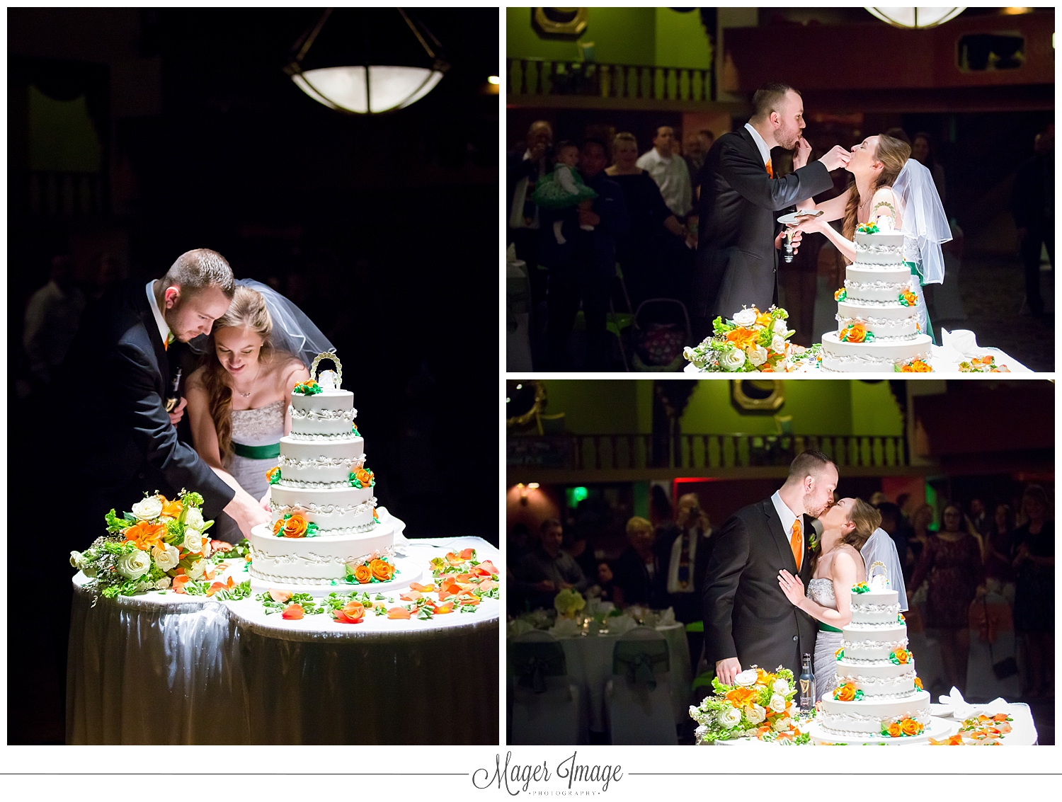 bride groom wedding cake kiss cutting slicing green orange