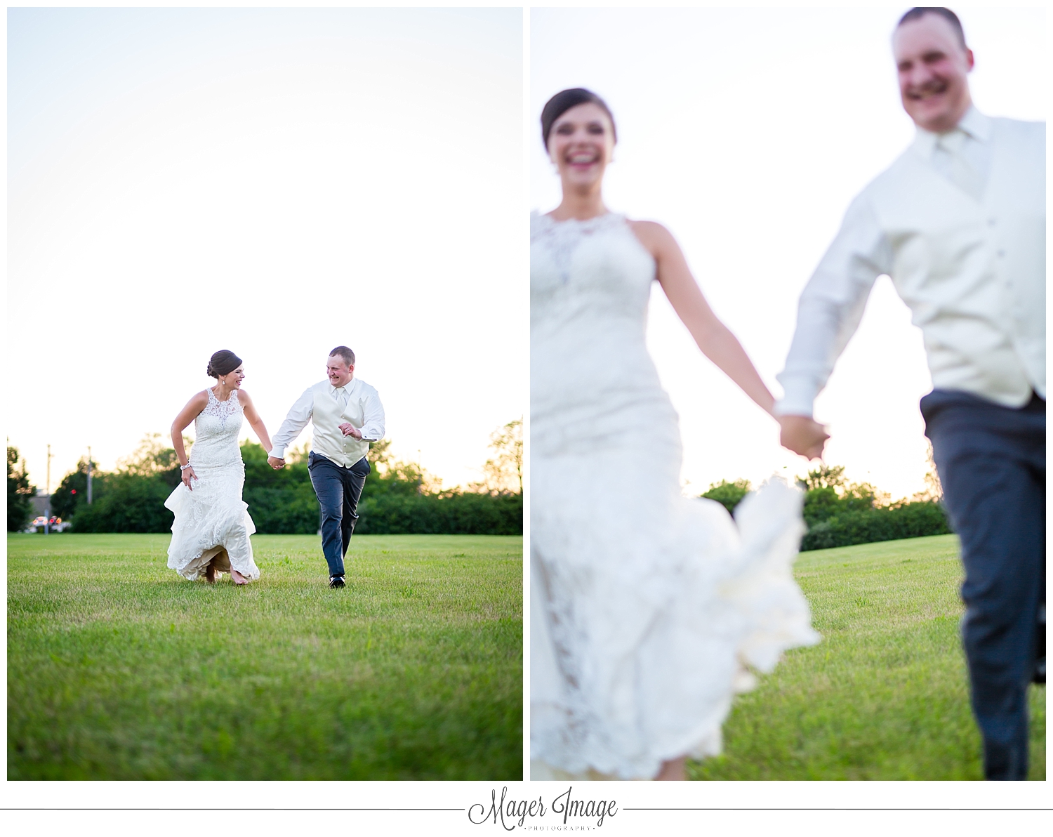 bride groom run grass outdoors