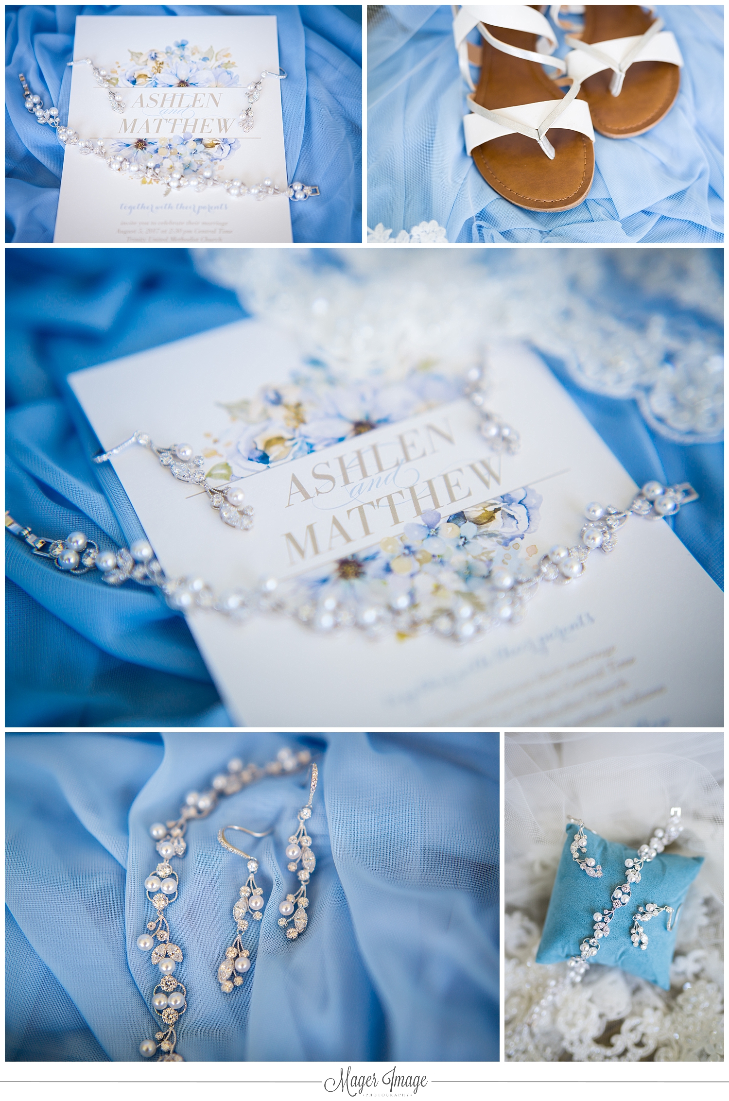 blue white silver wedding details