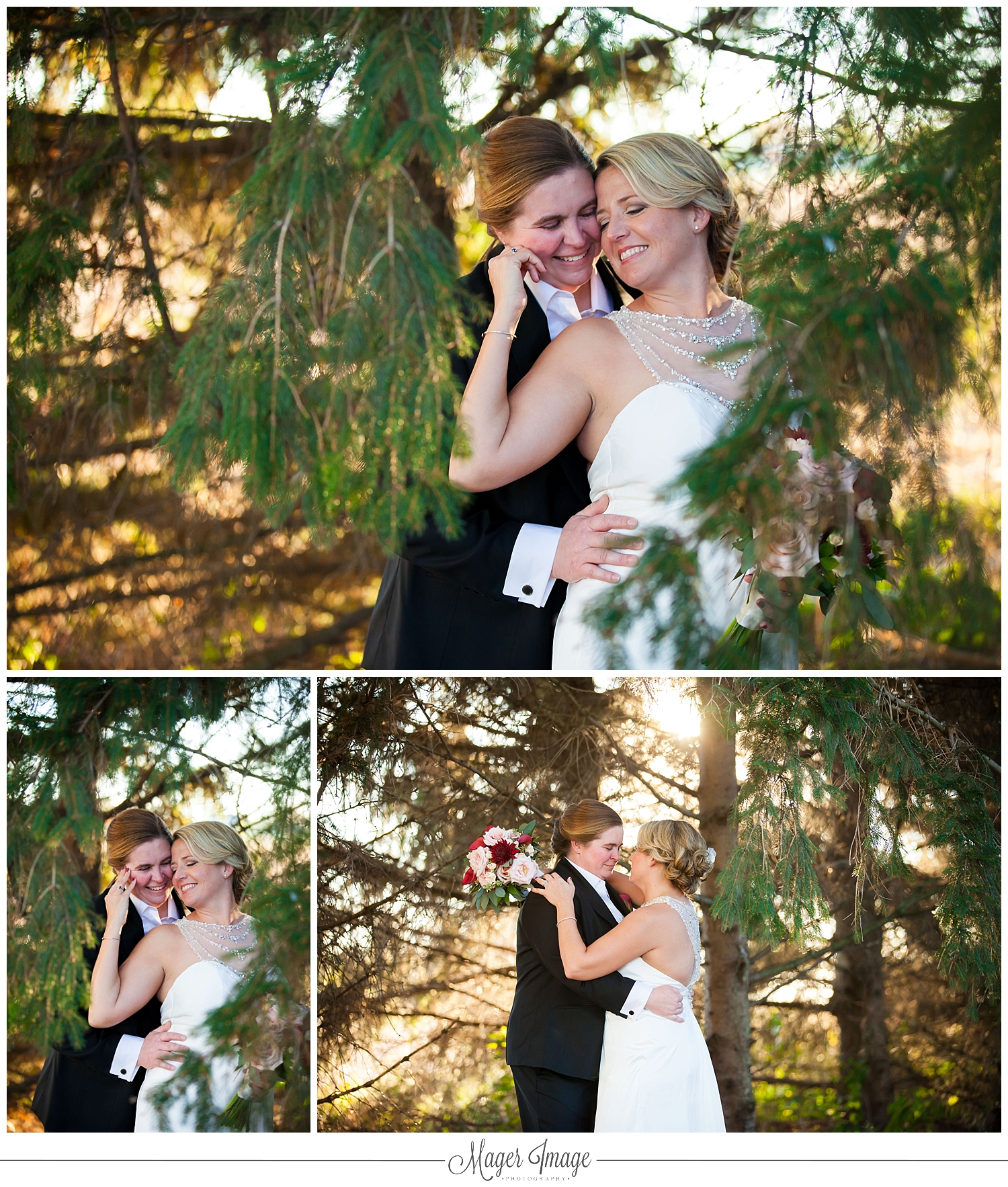 brides pose in evergreens at pte 