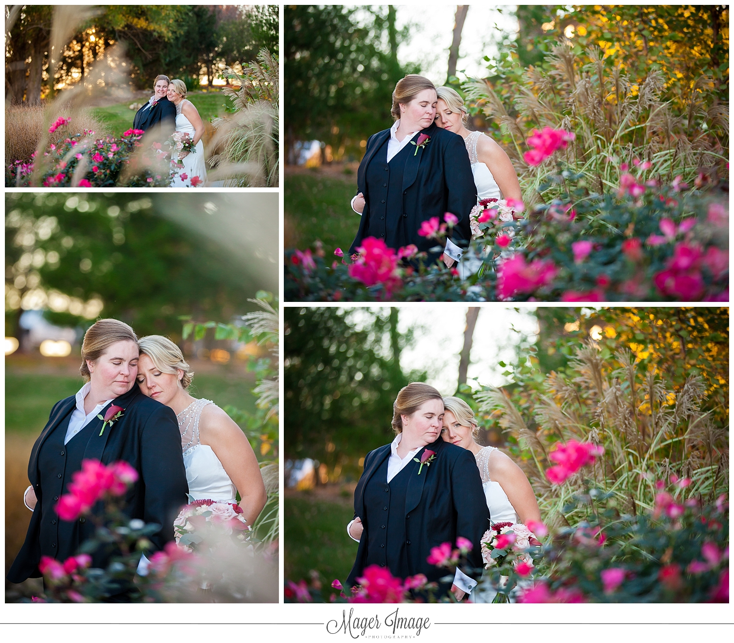 brides in tall grass and pink roses at sunset