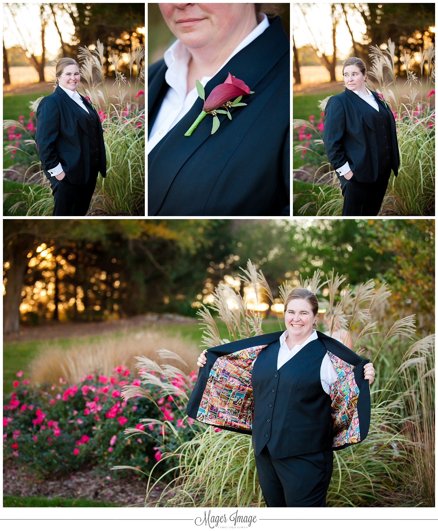 bride showing off custom made suit