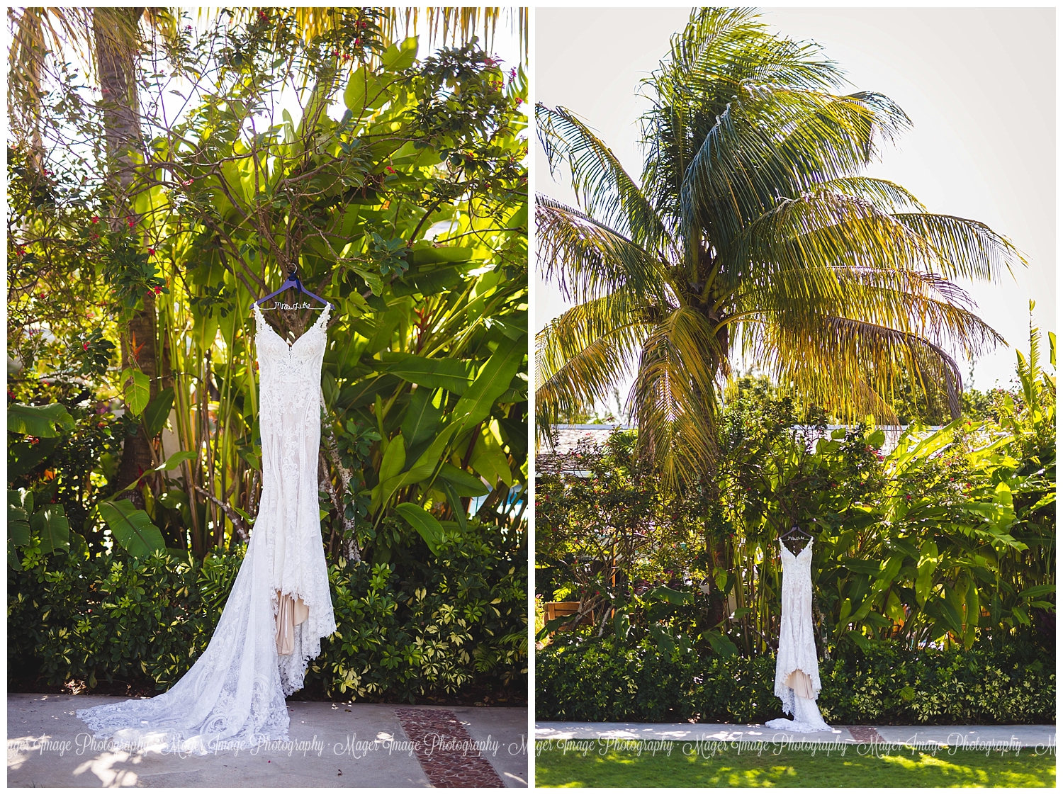 tropical wedding dress hanging