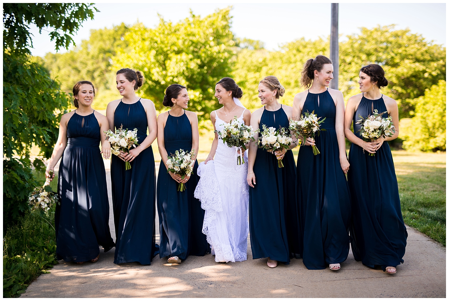bridesmaids in navy summer wedding